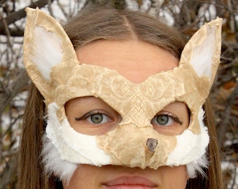 Fenneko - One-of-a-kind Upcycled Fennec Fox Mask in Pale Caramel Brown and White - Petite