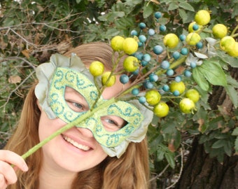 Callie - Unique Handheld Masquerade Mask in Teal Blue and Lime Green with Silk and Glass Glitter Accents