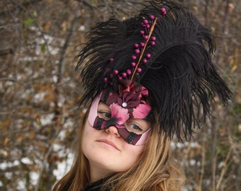 Sugar Plum - Handmade Masquerade Ball Mask in Deep Plum Purple and Red-Violet with Black Ostrich Plumes