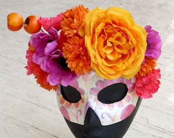 Lucita - Handpainted Día de los Muertos Calavera Inspired Masquerade Ball Mask with Flower Crown in Pink, Yellow, Orange, and Purple