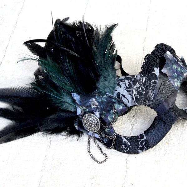 Nell - Halloween Masquerade Ball Mask in Black, Silver, and Dark Green