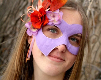 Melody - Papier-Mâché Masquerade Mask in Lilac Purple and Vivid Orange