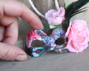 Handmade Masquerade Mask Ornament - Tiny Papier-Mache Mask for Easter Decor - Pink Rose