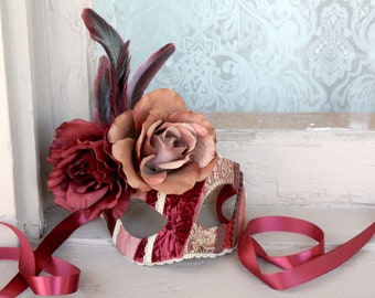 Old Fashioned Valentine - Handmade Masquerade Ball Mask in Caramel Brown, Crushed Red Velvet, and Burgundy with Lace and Coque Feathers