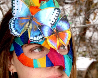 Rangeen - OOAK Colorful Papier-Mache and Silk Masquerade Ball Mask with Vintage Felt Butterflies