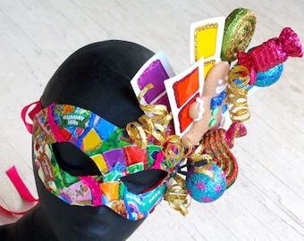 Candy - Candyland or Willy Wonka Inspired Retro Masquerade Ball Mask - Made of Upcycled Board Game Pieces