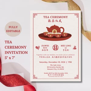 Tweetalige Chinese bruiloft theeceremonie uitnodigingssjabloon, Aziatische huwelijksuitnodiging DIY afdrukbare, dubbel geluk, oosters, bewerkbaar
