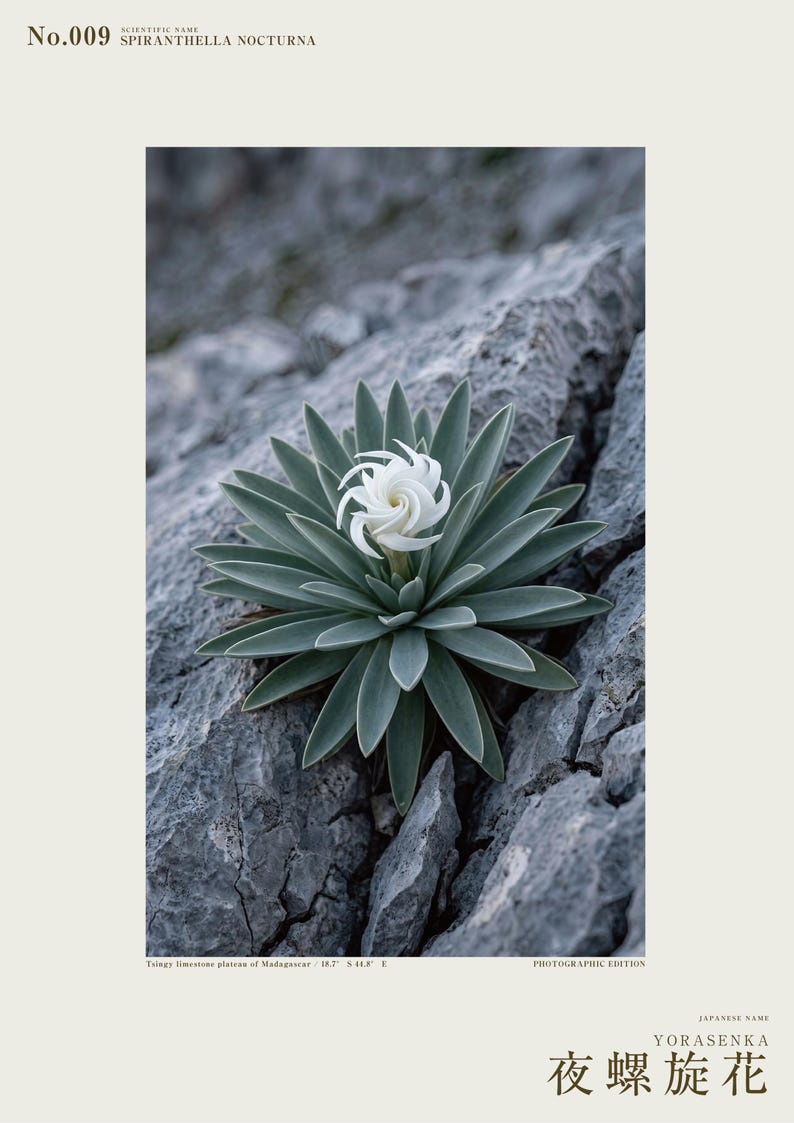 Botanische fotoprint van een nachtelijke spiraal — Uitgestorven nachtbloeiende succulent uit het Tsingy-stenenwoud, Spiranthella nocturna afbeelding 2