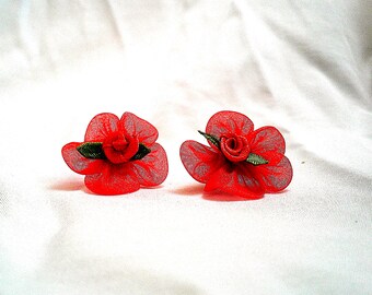 Red Rose Fabric Earrings ... surgical steel posts, hypoallergenic, lead and nickel free ... #1133