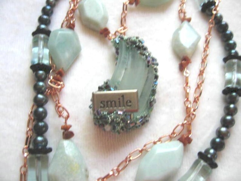 Surfs Up .. #100 copper .. Triple strand natural amazonite seaglass pendant fwp