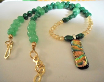 Rain Forest Rainbow ... necklace, dichroic glass pendant, natural malachite, natural aventurine ... #1022
