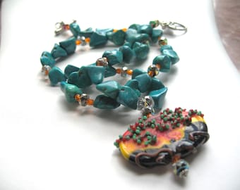 An Autumn Orchard ... Designer lamp work pendant, turquoise magnasite,  Czech faceted glass.... #474