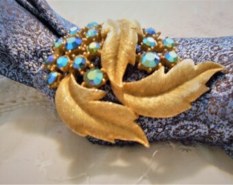 NEW Bling in Blue Mini Paisley ... Jos A Banks tie, vintage brooch, gold tone, teal blue crystals ... #1015