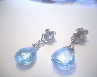 Twilight ... dangle earrings, sky blue Topaz, wire wrapped,  silver floral posts ... #671