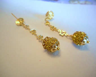 Sunny Butterfly Kisses ... citrine Cande Pave crystal balls, gold vermeil fancy floral ear studs ... #668