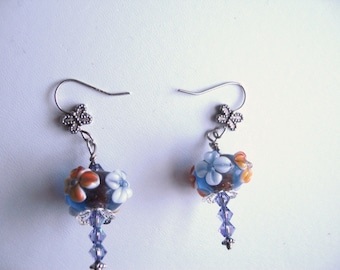 Evening Skies For Your Ears ... french hooks, blue, dangle, orange floral  ... #478