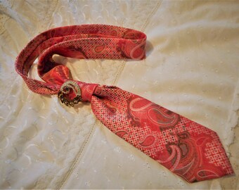 NEW Bling in red paisley ... polyester, red, pink, gray, new tie, vintage brooch ... #1009