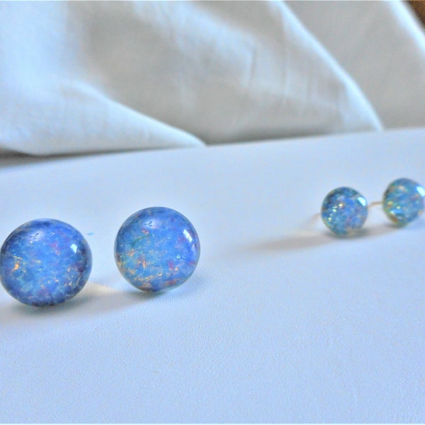 The Sparkle In Your Eyes ... post earrings, Czech glass blue opal, two sizes, gp, surgical steel ... #949