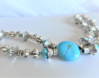 Silver Princess ...  bracelet, double strand, turquoise magnasite, silver plated beads, magnetic clasp ... #860