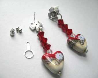 Sweetheart ... lamp work glass hearts, rhodium matte silver flower studs ... #378