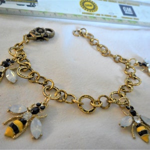 BEEeeeee HAPPY ... charm bracelet, bee charms, antiqued gold ... 999 image 1