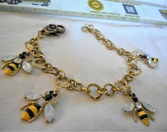 BEEeeeee HAPPY ... charm bracelet, bee charms, antiqued gold ... #999