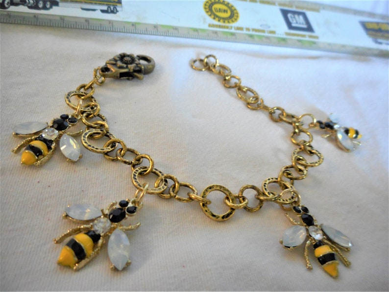 BEEeeeee HAPPY ... charm bracelet, bee charms, antiqued gold ... 999 image 1