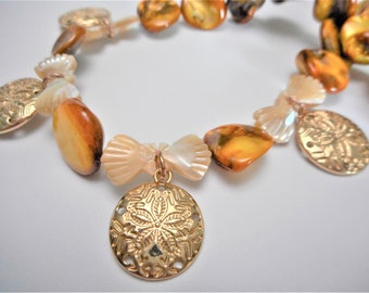 Sunset Shores ... necklace, shell beads, bright brown color, sand dollars, cruise jewelry ... #959