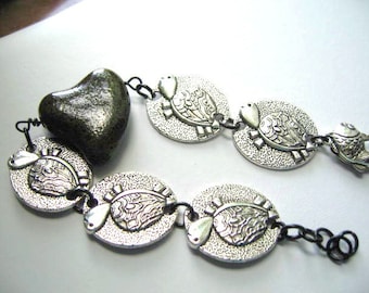 I Love My Little Turtle ... ceramic heart, silver metal bracelet  ... #389