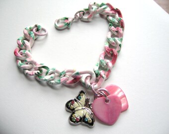 She Hearts Butterflies ... pink floral painted chain, enameled butterfly charm .. #467