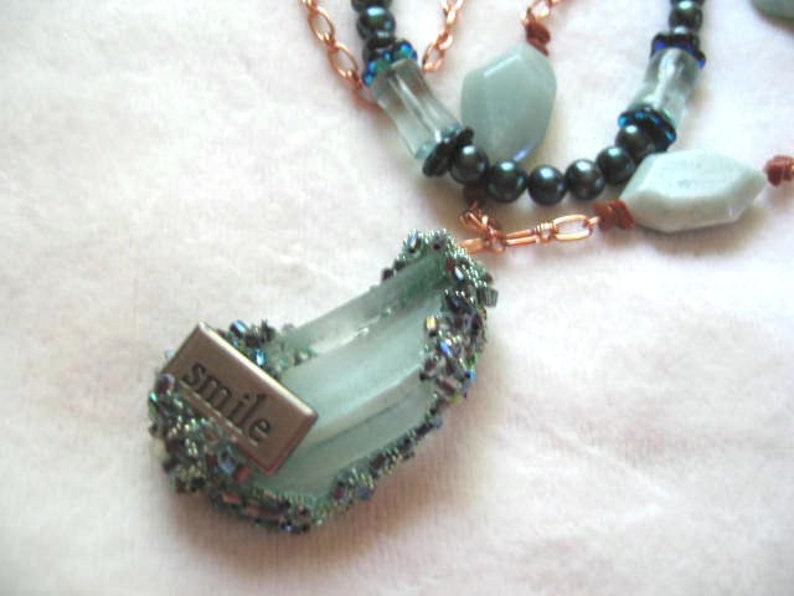 Surfs Up .. #100 copper .. Triple strand natural amazonite seaglass pendant fwp