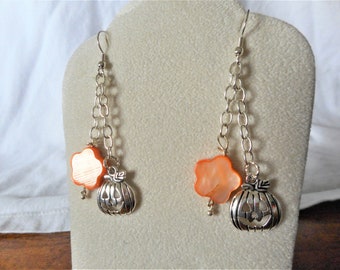 Pumpkin Party ... long or short, dangling earrings, Jack O Lantern, orange MOP ...#1006