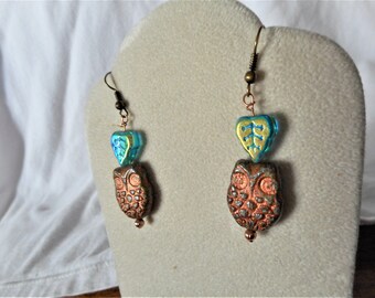 Little Hoots ... dangle ear wires, brown owl, teal leaf ... #1017