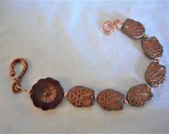 Hoot Hoot ... owl beaded bracelet, brown and copper, dark red flower, 7 1/2 inch + ... #997