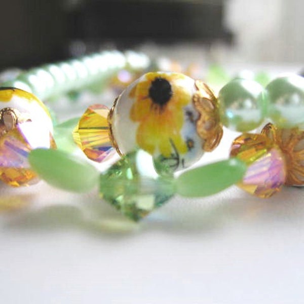 Sunny Sunflowers .... like a breath of fresh air ..Vintage beads/porcelain/glass/green catseye hearts/Swarovsky .. #138