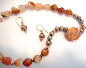 Autumn Colors ... FWP necklace, copper, natural carnelian. glass button ... #635