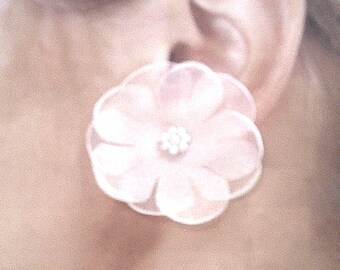 Wedding Floral Studs ... exotic, white chiffon flower. faux pearls ... #1131