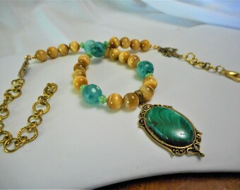 Oriental Princess ... malachite pendant necklace, golden tiger eye, Qinghai jade AAA ... #1027