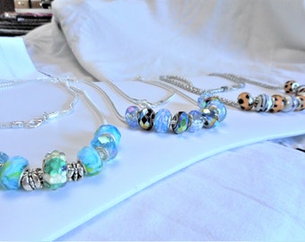 Fun With Snake Chains ... silver plated necklaces, three lengths, European large holed glass beads ... #964A, 964B, 964C