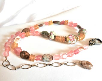Grecian Gardens ...  lamp work glass necklace, pink flowers, Australian opal teardrops, cherry quartz ... #894