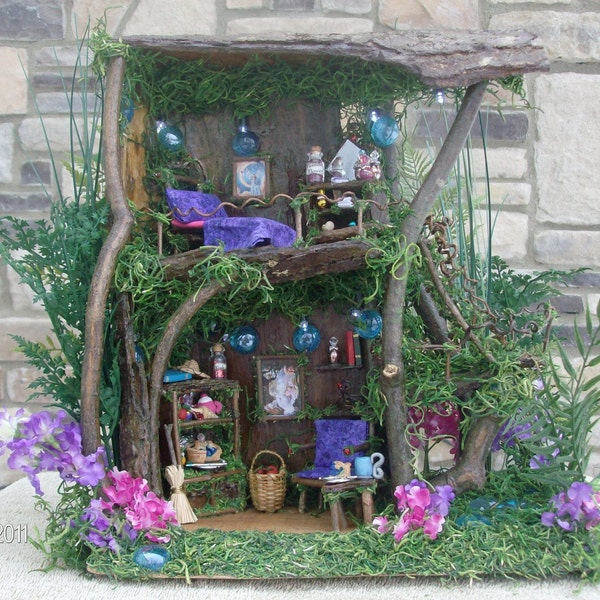 Fairy Tree  House Summer Garden with Battery operated white and blue lights