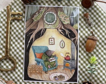 Cozy Mole Home | Postcard Art Print | Woodland Animals | Kids Nursery Art | 4x6” | Cottagecore Nature Mini Print