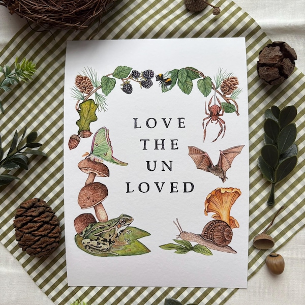 Lámina artística "Ama a los no amados" / Animales en acuarela / Arte para habitación infantil / 5x7” / Lámina de naturaleza estilo cottagecore / Rana, caracol, araña, abejorro, polilla