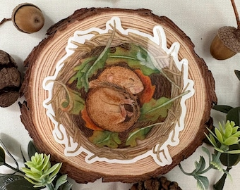 May include: A circular sticker featuring a watercolor illustration of a small brown mouse curled up asleep inside a nest made of twigs and green leaves. The sticker is placed on a round wooden slice with visible tree rings and bark edges.