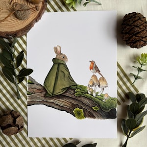 Little Talks Postkarte Kunstdruck | Kaninchen und Rotkehlchen | Kinderzimmer Kunst | 4x6” | Cottagecore Natur Mini Druck