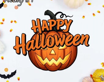 May include: Orange pumpkin with a carved face and the words "HAPPY HALLOWEEN" in orange lettering. The image includes small pumpkins, candy corn, and confetti on a white background.
