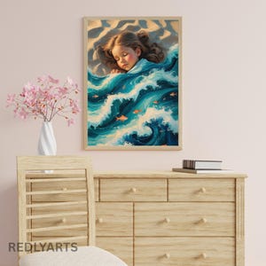 Surreal Dreamscape Art Print: Girl Sleeping on Ocean Blanket