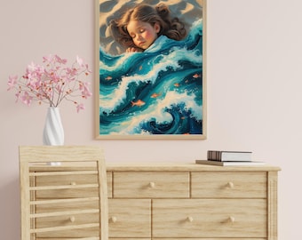 Surreal Dreamscape Art Print: Girl Sleeping on Ocean Blanket