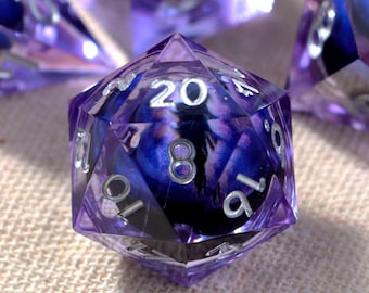 Purple Liquid Core Sharp Edge DND dice Set, Resin TTRPG Gift D20, 7pc