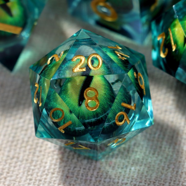 Aqua Green D&D Dice Set, Deep Water Watcher Eye Sharp Edge Resin for Gifts, Dungeons and Dragons TTRPG